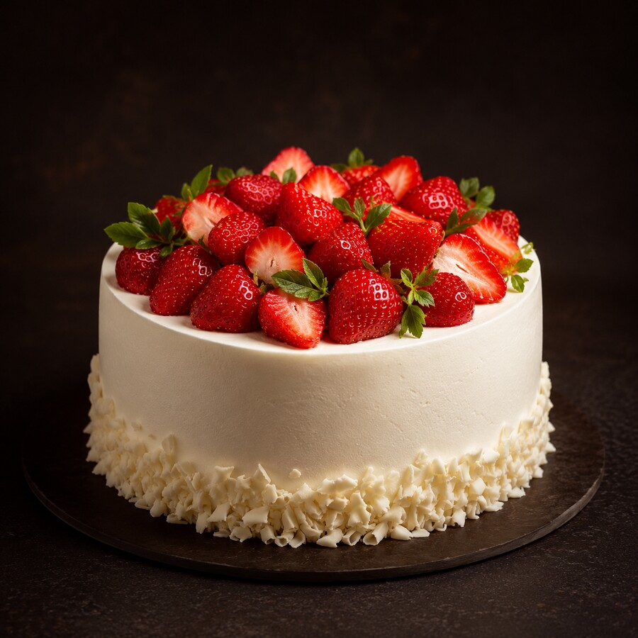 Weiße Torte mit frischen Erdbeeren vor dunklem Hintergrund