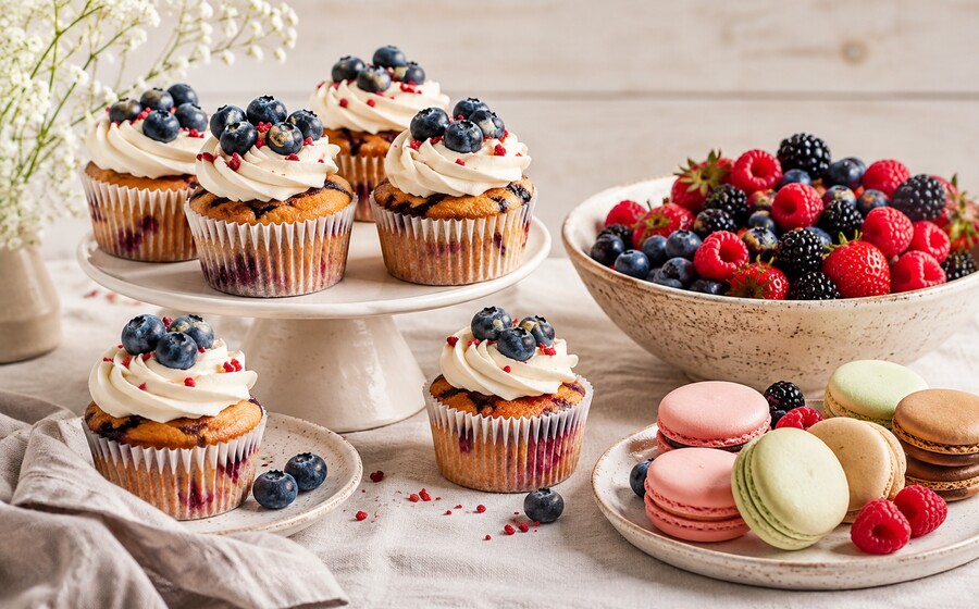 Cupcakes mit Blaubeeren und Keksen