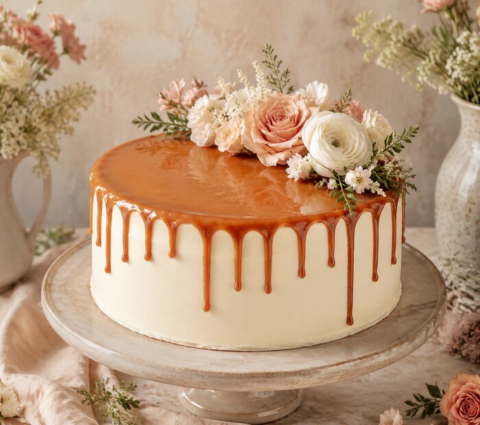 Cremetorte mit Karamell und Blüten