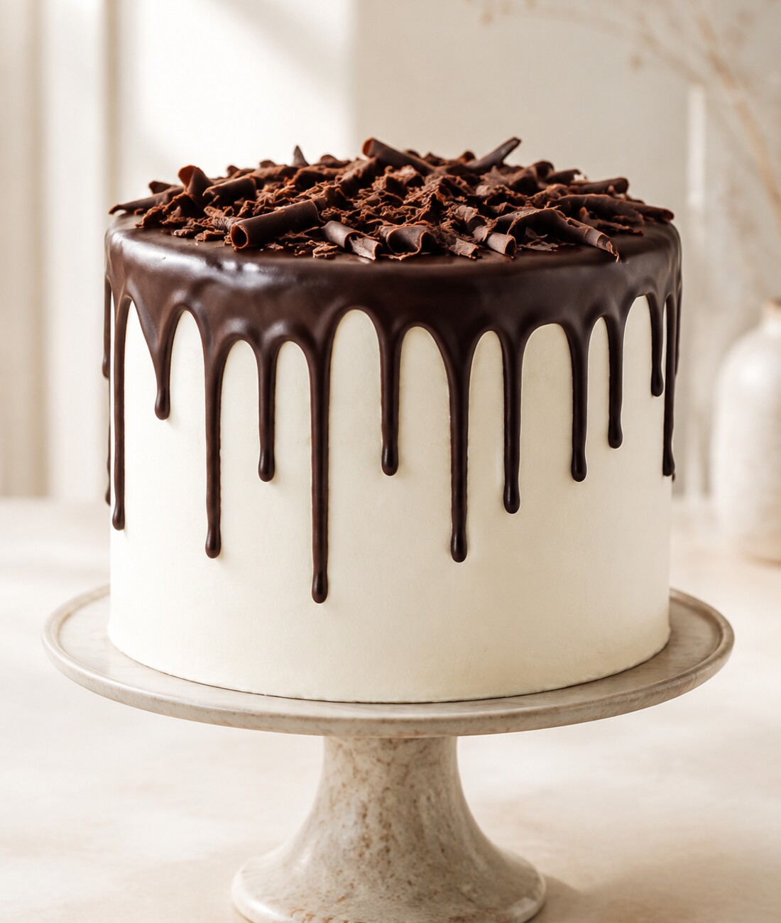 Torte mit weißer Creme und dunkler Schokoladenglasur auf einer Tortenplatte